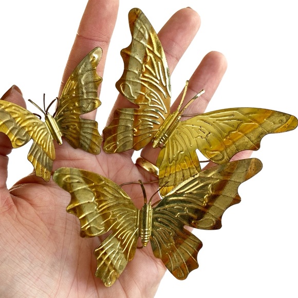 Vintage Retro 3 Piece Set Small Gold Metal Butterfly Decor | Eclectic Boho Decor